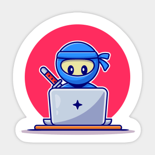 Cute Ninja Working On Laptop Cartoon Sticker